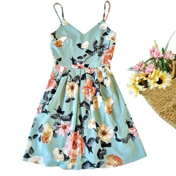 Monteau Women's Mini Dress Size Small Blue Green Floral Fit & Flare Sleeveless - Picture 1 of 12